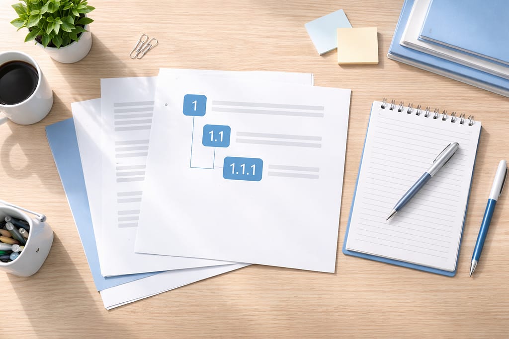 Wordの段落番号を1、1.1、1.1.1の階層で整理した資料とノートの俯瞰イメージ