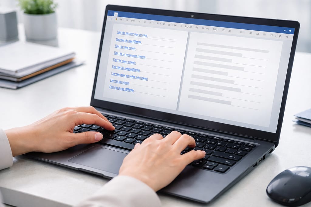 Word文書のハイパーリンクをノートPCで一括整理する手元の作業風景