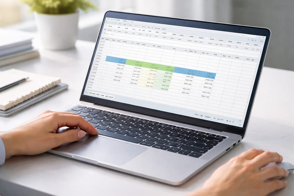 ノートPCの表計算ソフトで複数セルを選択し、平均計算を確認している作業風景