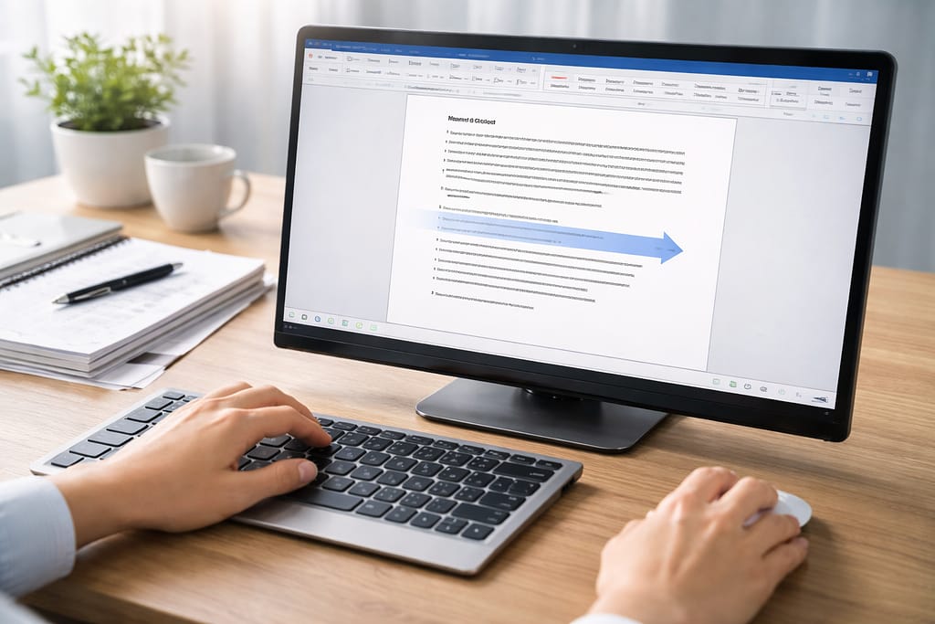 Word文書の画面を表示したデスクトップPCと、マウス操作で次のページ移動を示す手元のイメージ
