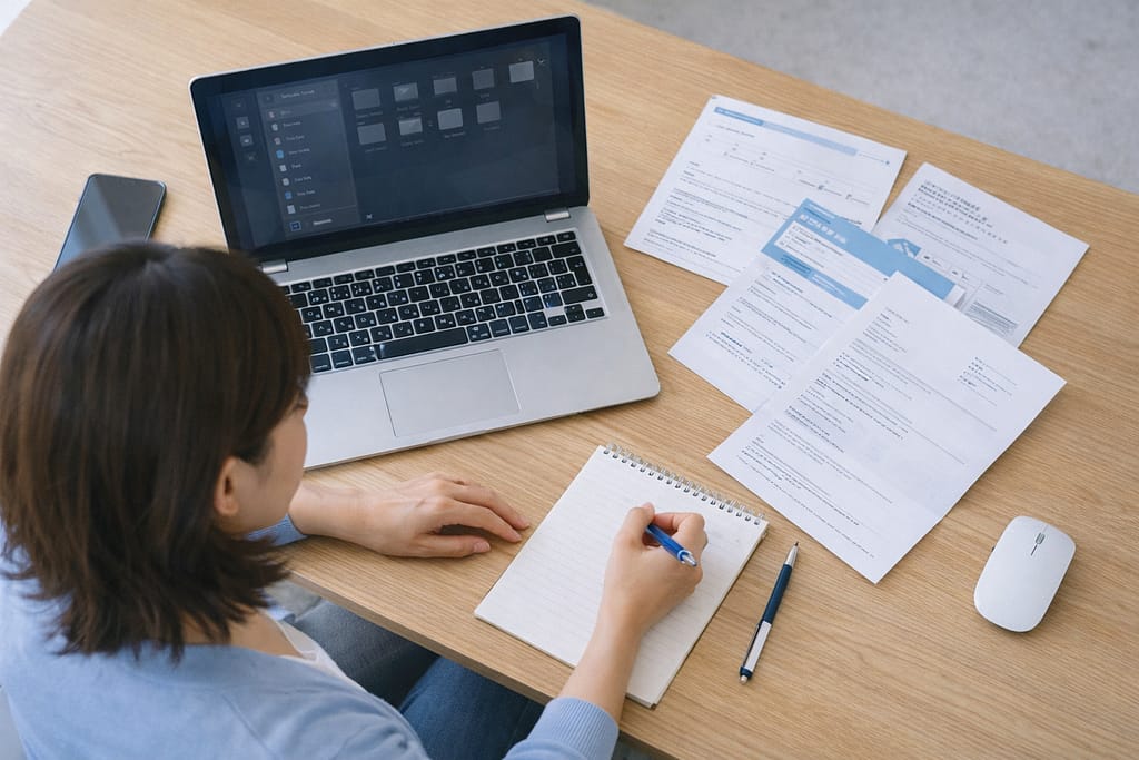 ノートパソコンと書類を確認しながらメモを取る女性の俯瞰画像
