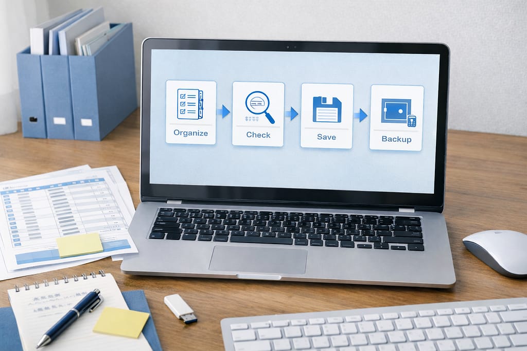デスク上のノートパソコンに「Organize」「Check」「Save」「Backup」の4工程を表示し、住所録整理の流れを示した実写風画像