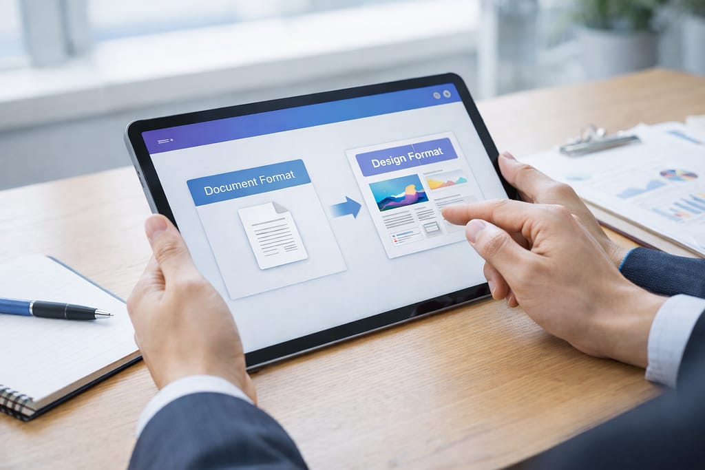 タブレットで文書形式とデザイン形式を確認している手元