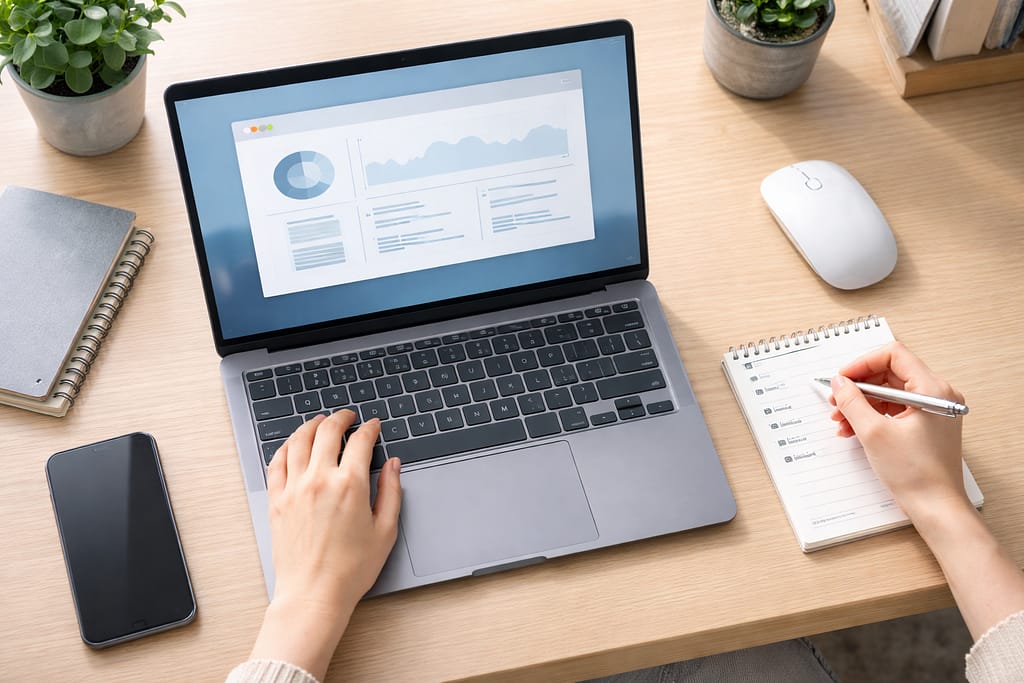 ノートパソコンで確認作業をしながらメモを取る手元の様子