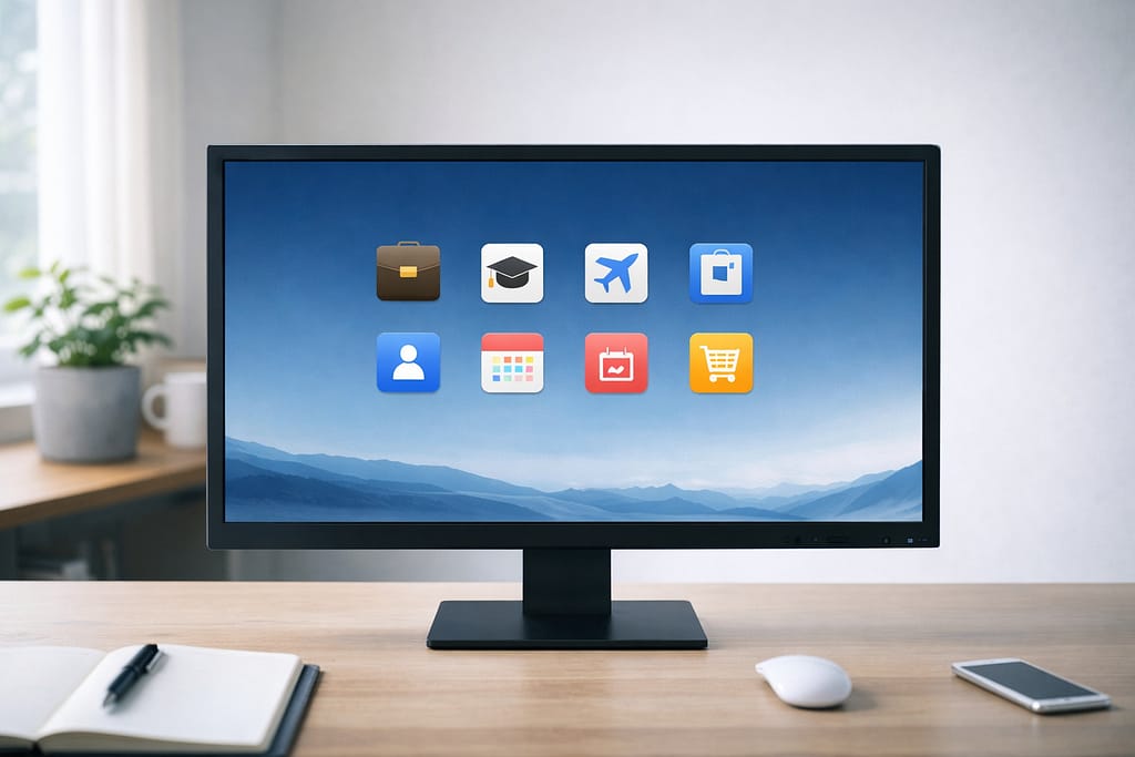 Webサイトのショートカット風アイコンが整然と並んだデスクトップモニターと、清潔感のある作業机のイメージ