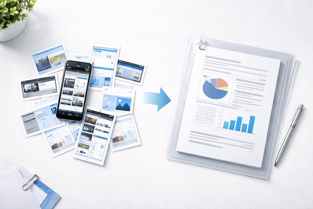 散らばったスクショが整理されたPDF資料にまとまるイメージ
