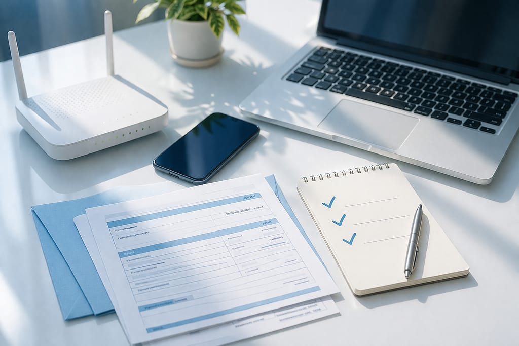 Wi-Fiルーターと書類、スマートフォン、ノートパソコンを並べた光回線確認のイメージ