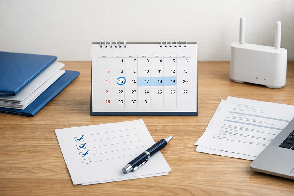 カレンダーと書類、Wi-Fiルーターでドコモ光の更新月確認を表したイメージ画像