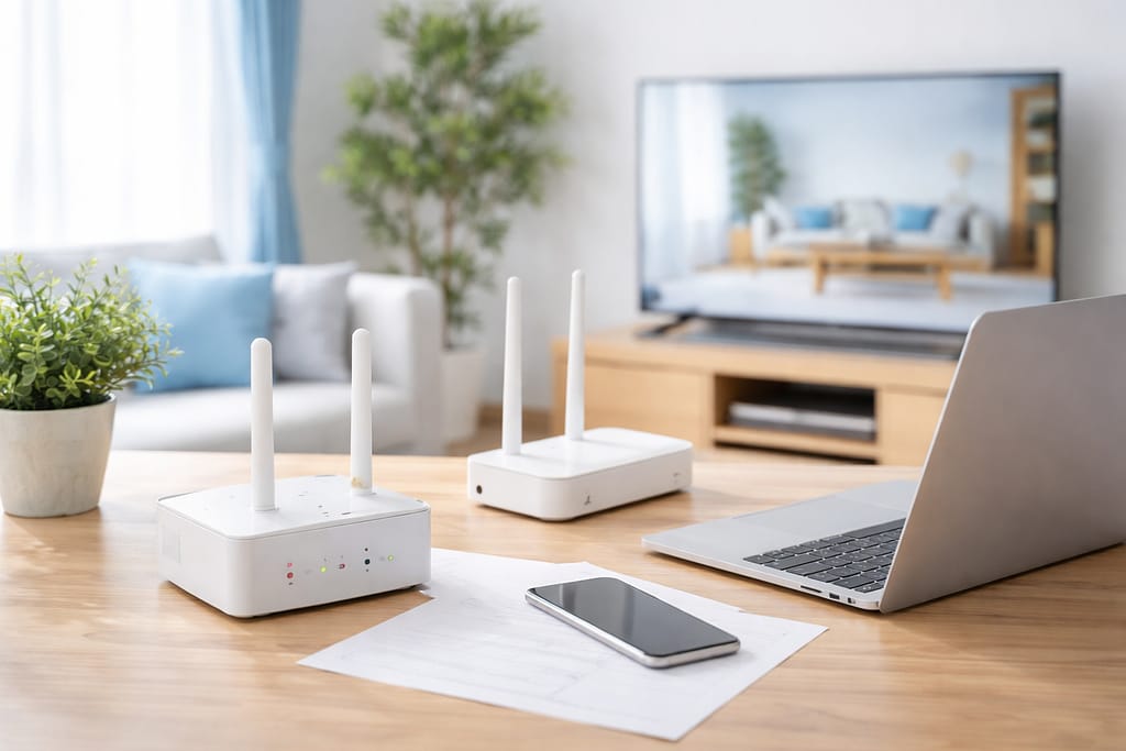 明るく清潔な室内で、白いWi-Fiルーター、ノートPC、スマートフォン、テレビが整然と配置された光回線の利用イメージ