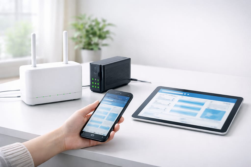 白いデスクにWi-Fiルーターと通信機器、タブレットが置かれ、手元のスマートフォンで通信状況を確認している様子