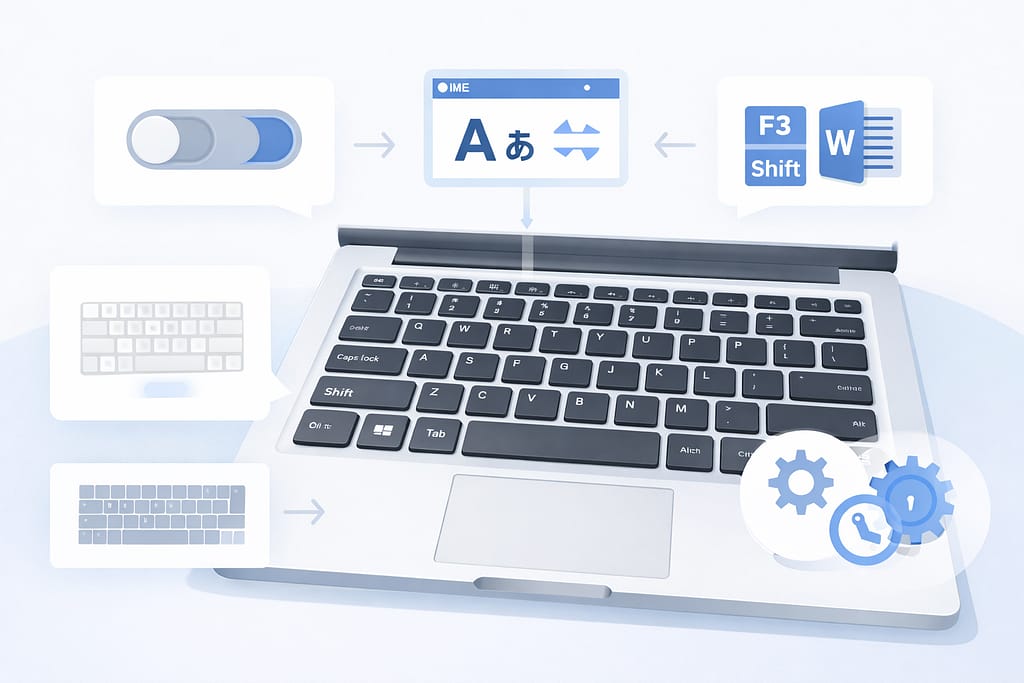 ノートPCのキーボードを中心に、シフト小文字になる原因候補をまとめた図解