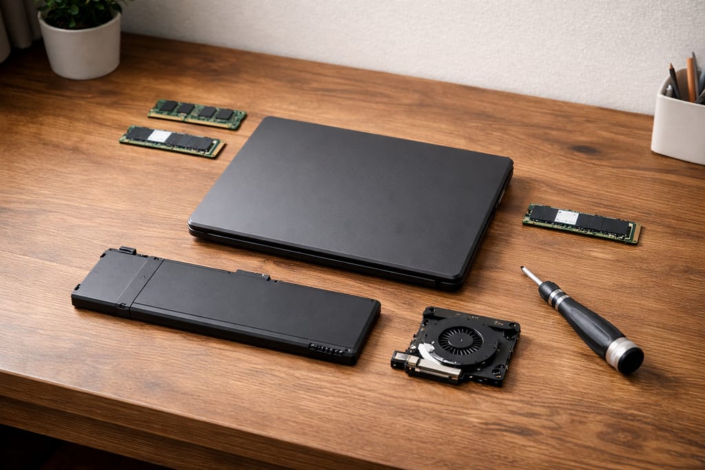 ノートパソコン改造で交換できるRAM、バッテリー、冷却ファンを机上に並べた実写風イメージ