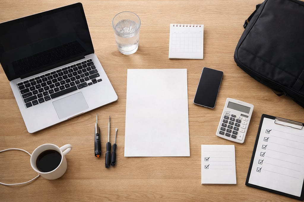 ノートパソコンや電卓、工具、書類を机に並べたパソコン保証検討のイメージ写真