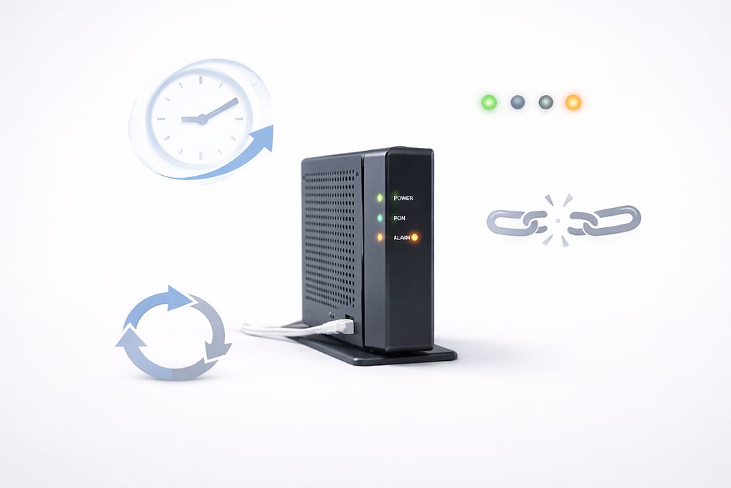 ONU本体のまわりに、使用年数、ランプ状態、通信の不安定さ、再起動を示すアイコンを配置した説明用画像