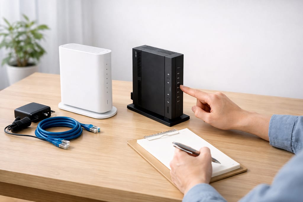 白いルーターと黒い回線機器を机に並べて、返却前に確認している様子
