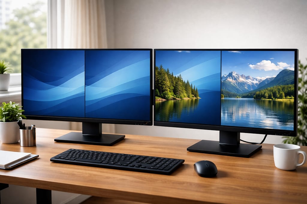 左右で異なる壁紙設定を比較したデュアルディスプレイのデスク環境