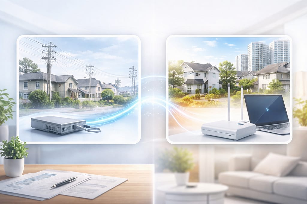 旧来の通信設備がある住宅街と、現代的なルーターやパソコンがある住環境を並べ、tepcoひかりの基本情報を整理するイメージ