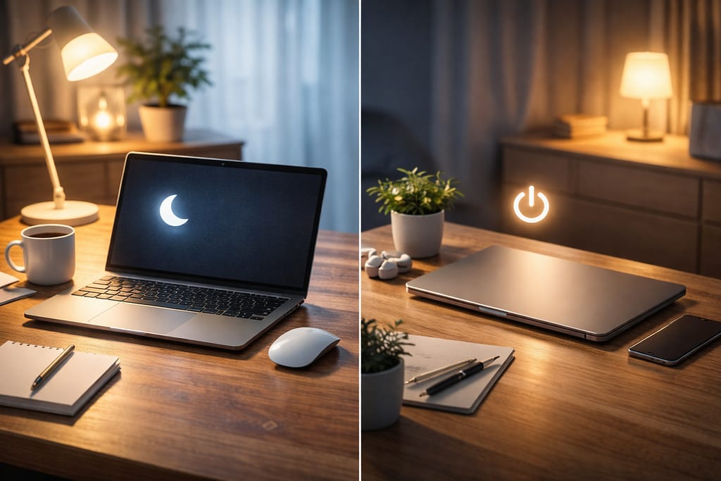 木目のデスクに、開いたノートPCと閉じたノートPCを並べ、スリープとシャットダウンの違いを月と電源ボタンの光で表現した実写風イメージ