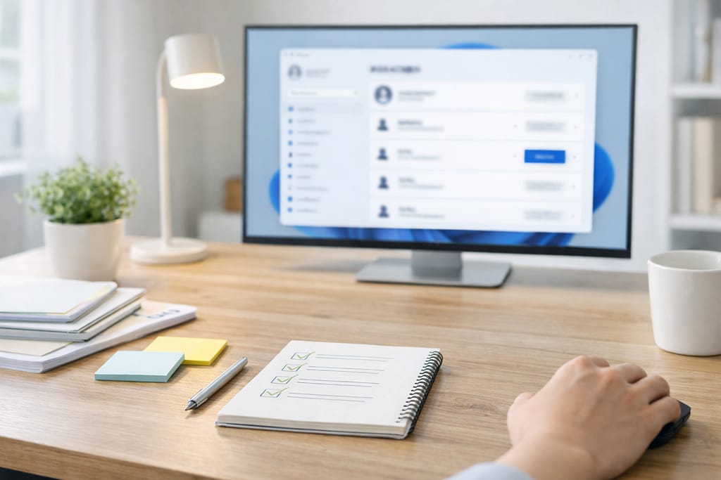 Windows 11風のアカウント管理画面を背景に、チェックリスト付きのノートや付箋が並ぶデスクの様子