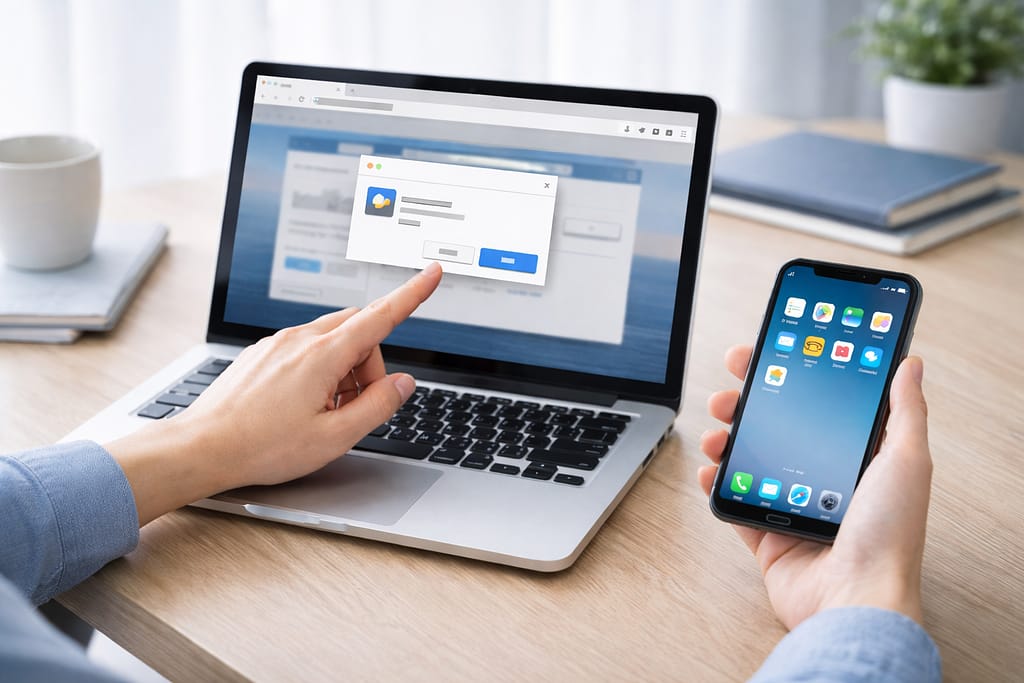 サイトをアプリのように追加する操作を、ノートPCとスマホで示した作業イメージ
