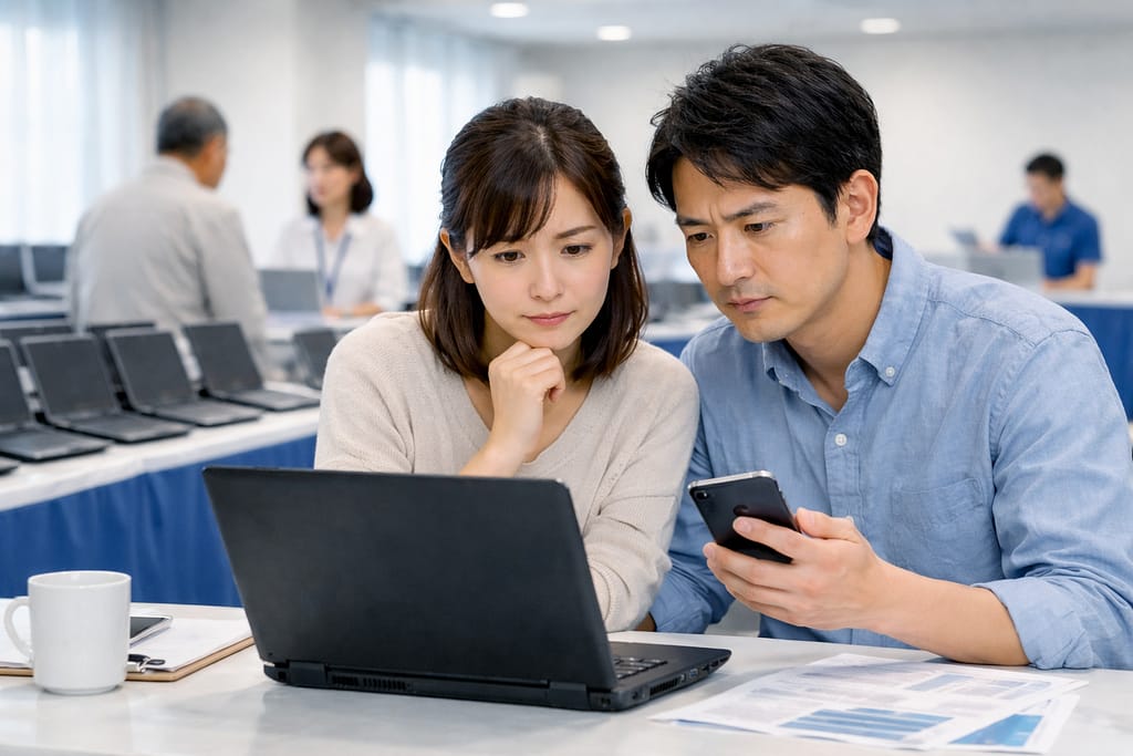 明るい会場で、中古ノートPCを見ながら慎重に確認する男女