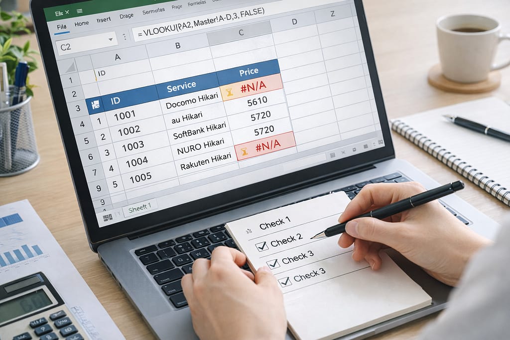 VLOOKUPの#N/Aエラーをチェックリストで確認する作業風景
