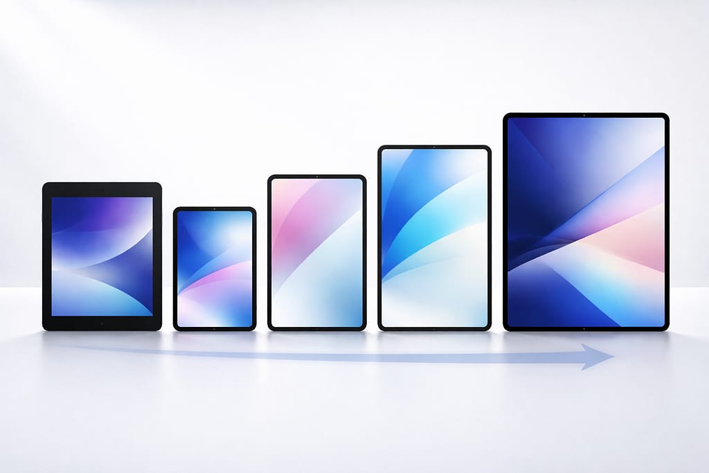 左から右へ進化する流れがわかるように、5台のタブレットを横一列に並べた比較イメージ。