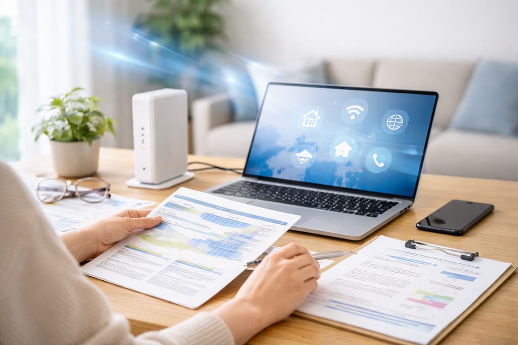 光回線の資料を確認するデスク周りの実写風イメージ