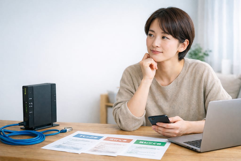 明るい室内で、Wi-Fiルーターやパソコン、スマートフォンを前にインターネット契約を比較検討している女性