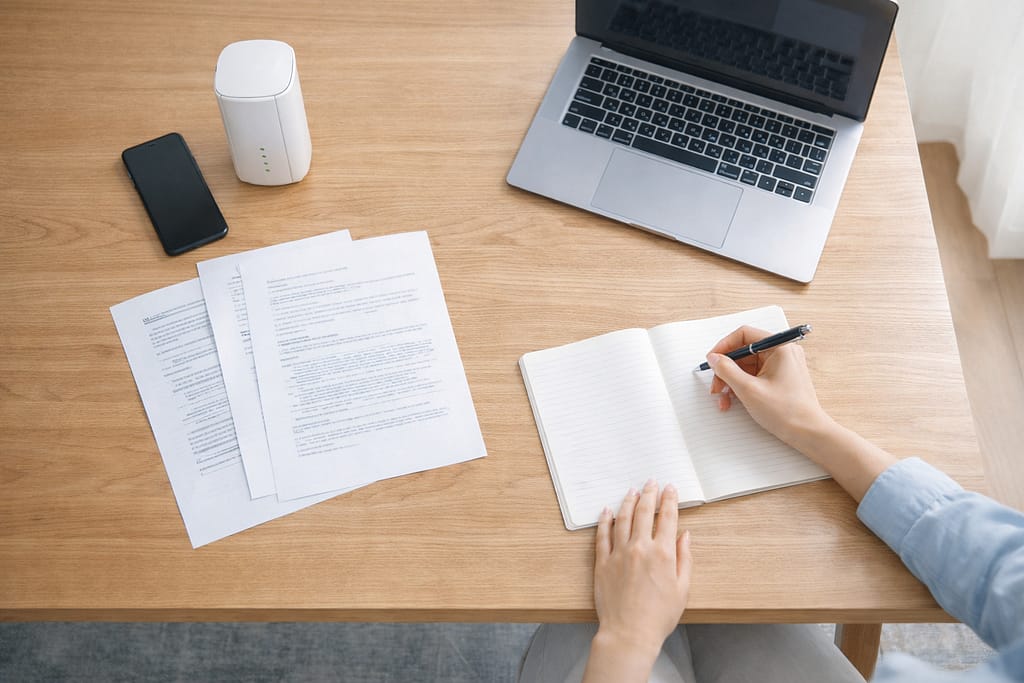 光回線の乗り換え準備を整理するデスク風景