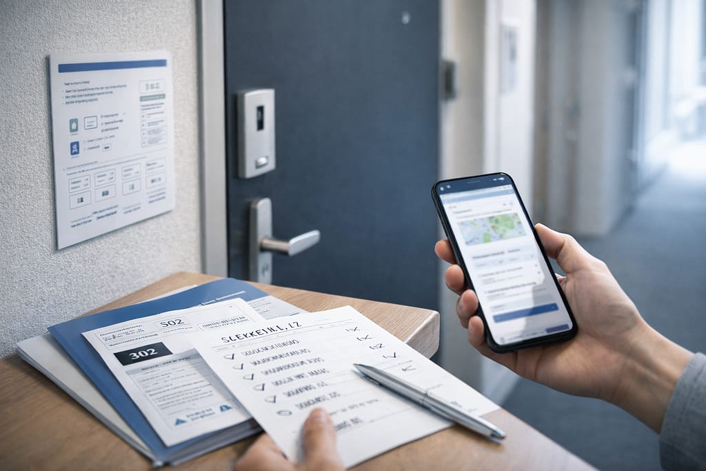 マンションの部屋の前で、入居前にネット回線を確認している様子。スマホで情報を見ながら、手元の書類やチェックリストを確認している。