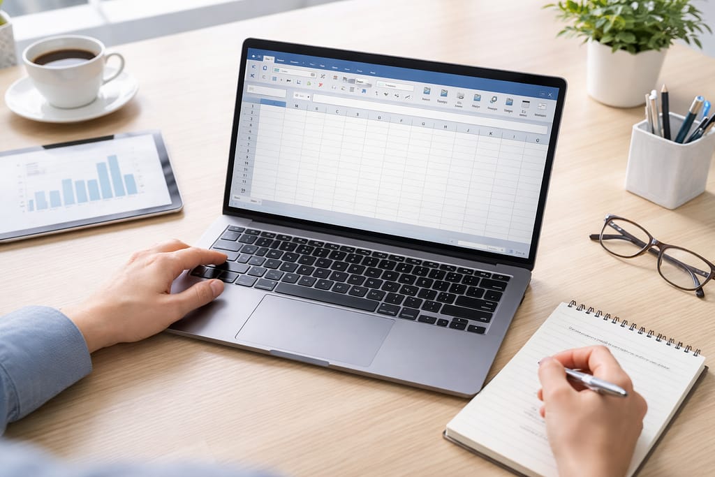 Excel画面を確認しながらノートパソコンを操作しメモを取る様子
