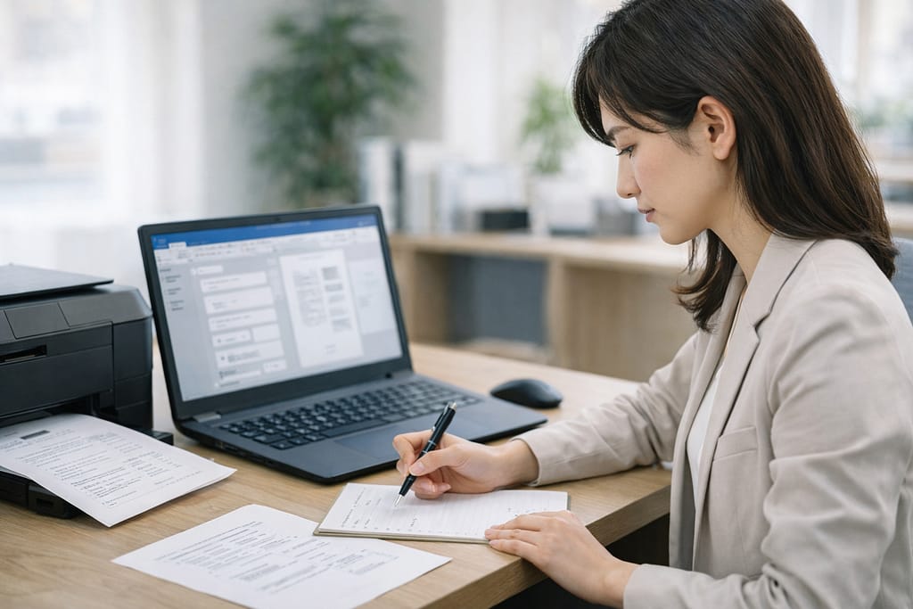 Wordの印刷設定を確認しながらメモを取る女性社員の様子
