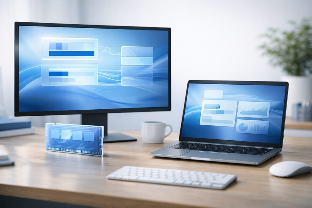 外部モニターとノートPCに青系の抽象的なメモリ管理画面が表示された明るいワークスペース