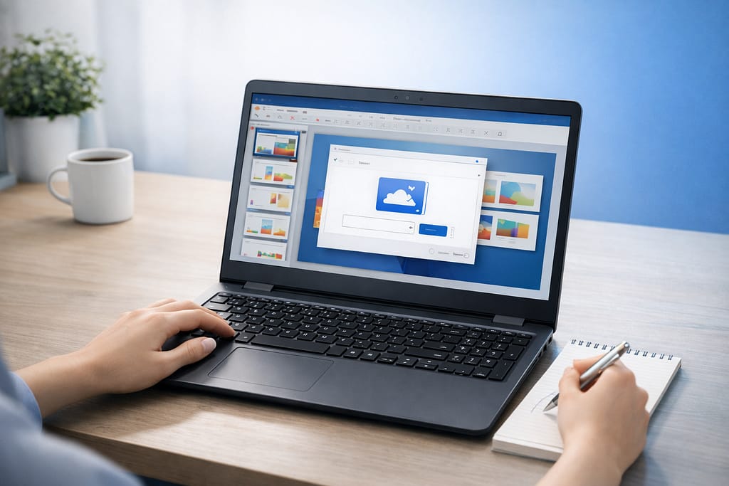 PowerPointのJPEG保存手順をノートPCで確認しながらメモを取っている作業風景
