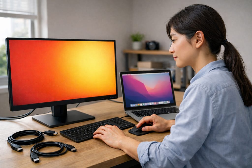 色味の異常があるモニターを確認する女性の作業風景