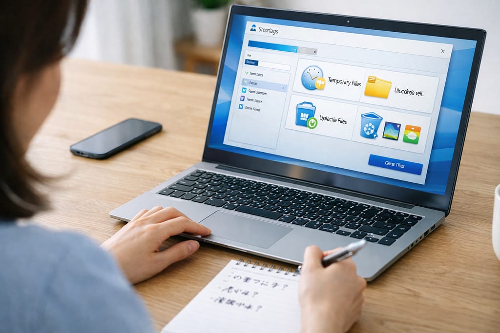 ディスククリーンアップ画面を確認しながらメモを取る手元の様子
