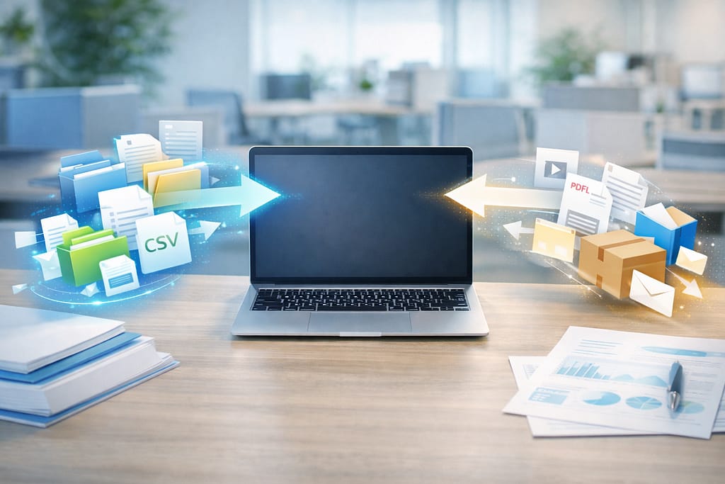 インポートとエクスポートのデータの流れを示すパソコンとファイルのイメージ