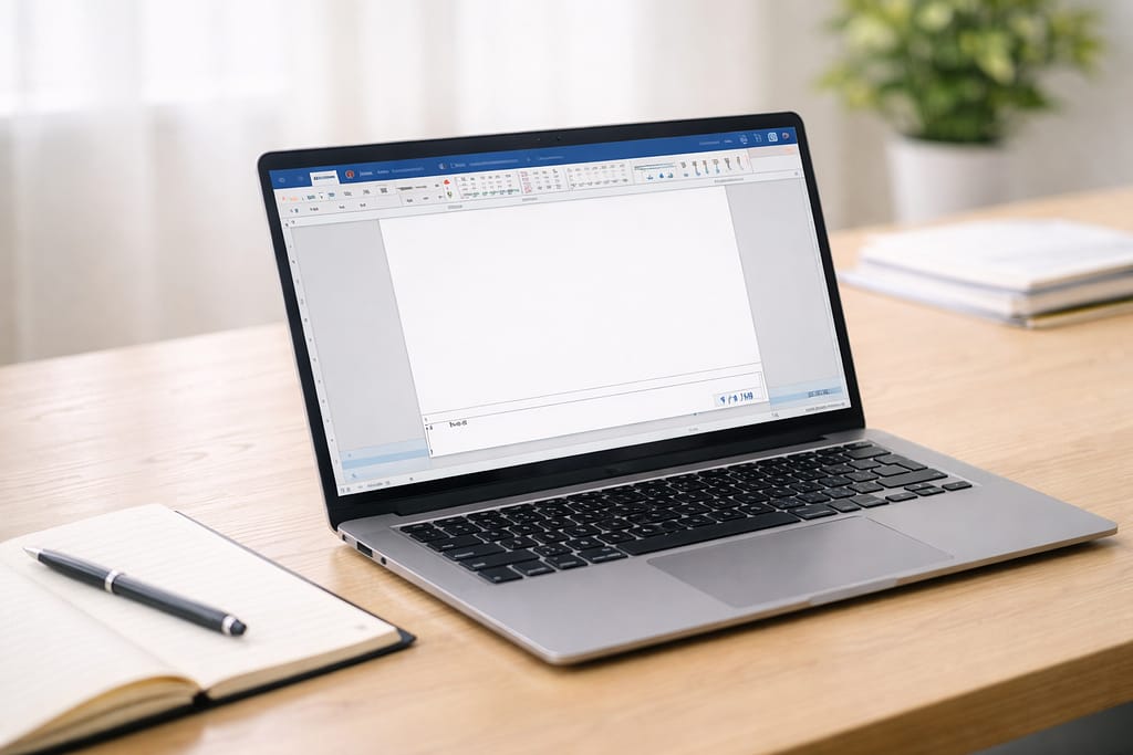 ノートパソコンでWordのフッター編集画面を表示したデスク環境の実写イメージ