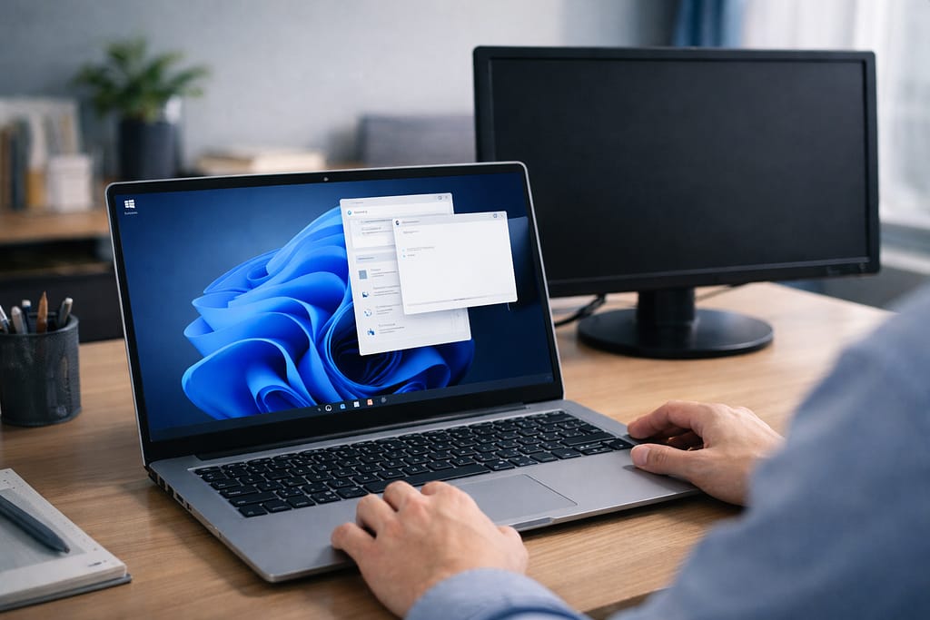 外部モニターを外したあと、WindowsノートPCで見えないウィンドウを確認している作業風景
