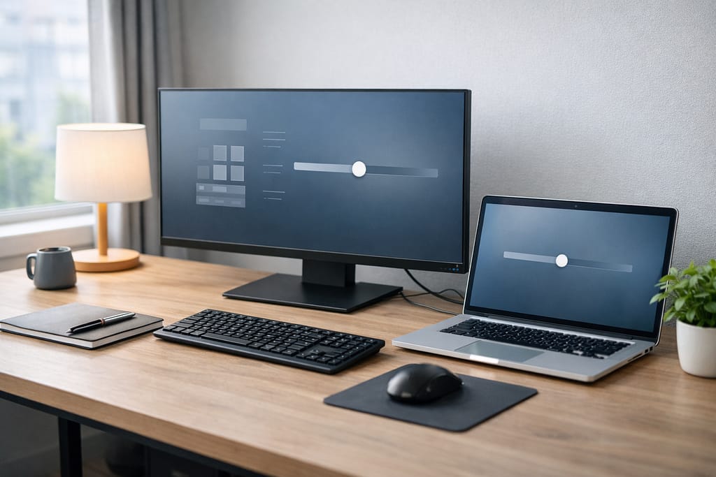 外部モニターとノートPCで明るさ調整や設定確認を行うイメージ写真