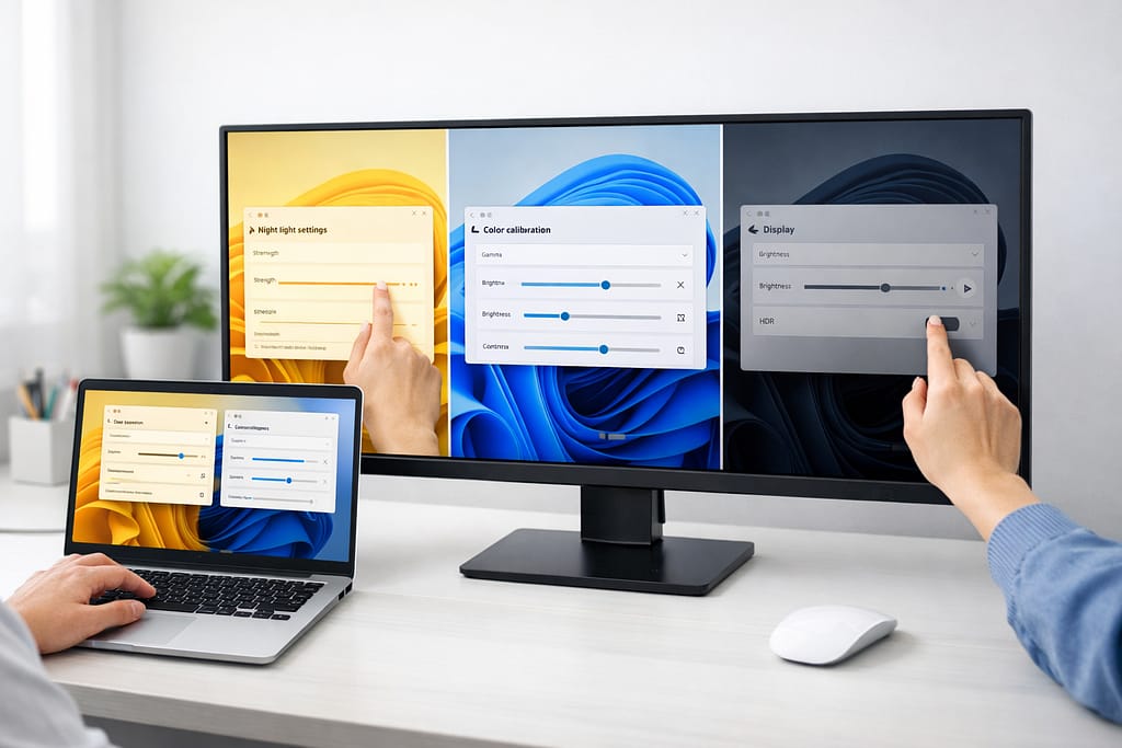 Windows 11の色調整をするノートPCと外部モニターの比較画面
