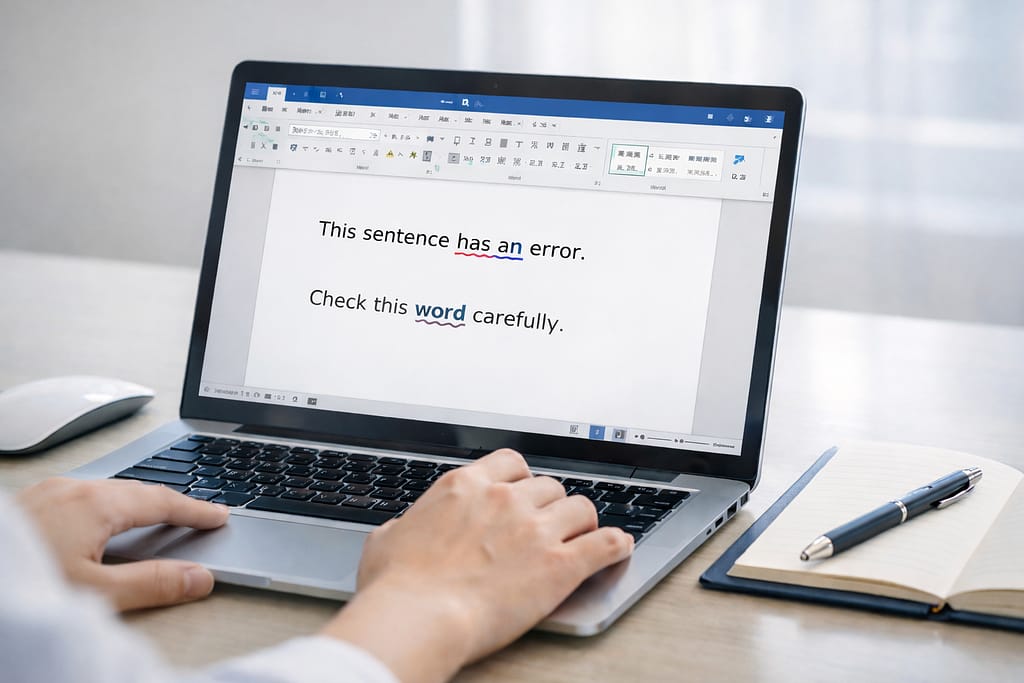 Wordの英文に赤と青の波線が表示されたノートパソコンの操作画面