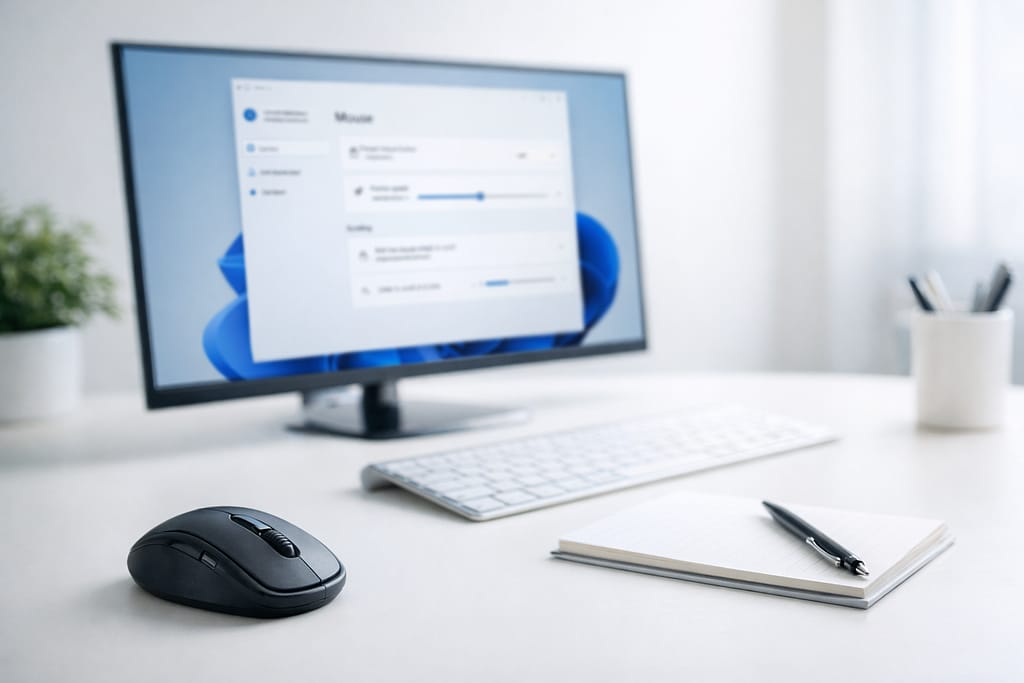 マウスとメモ帳が置かれた、Windows 11設定画面のあるデスク環境