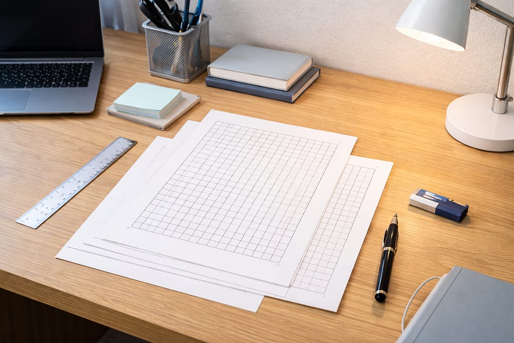 400字詰め原稿用紙と文房具が整然と並ぶデスク上のシンプルな作業風景