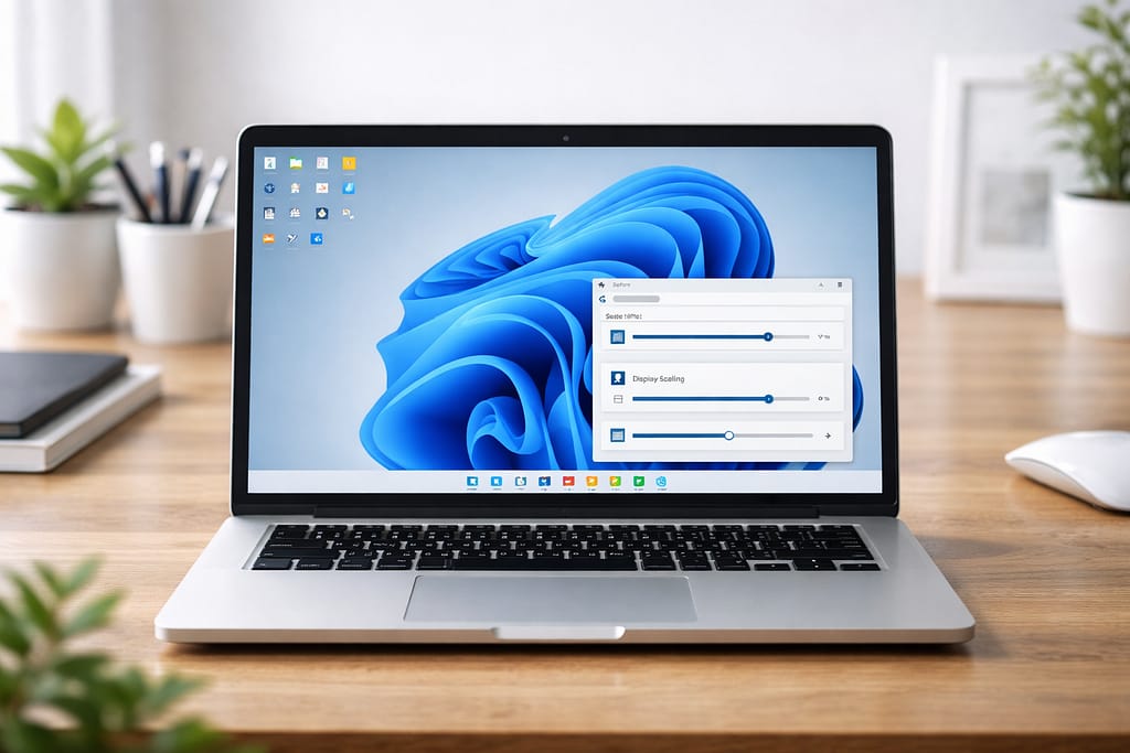 Windows 11のアイコンサイズや表示設定を確認しているノートPCの画像