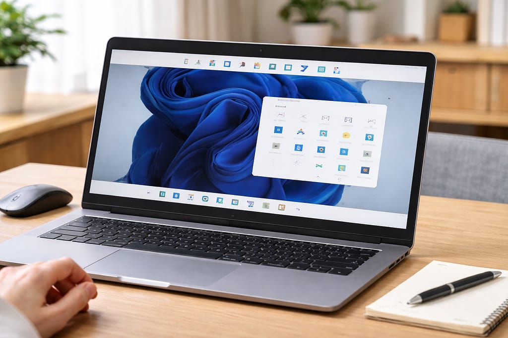 上下が逆さまに表示されたWindows11のノートパソコン画面の様子