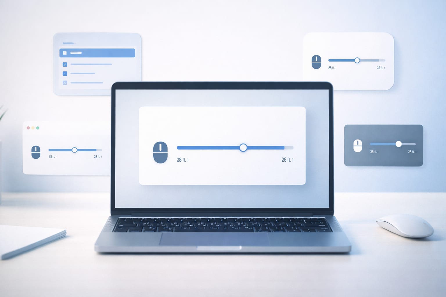 ノートPCのマウス速度スライダーと設定パネル