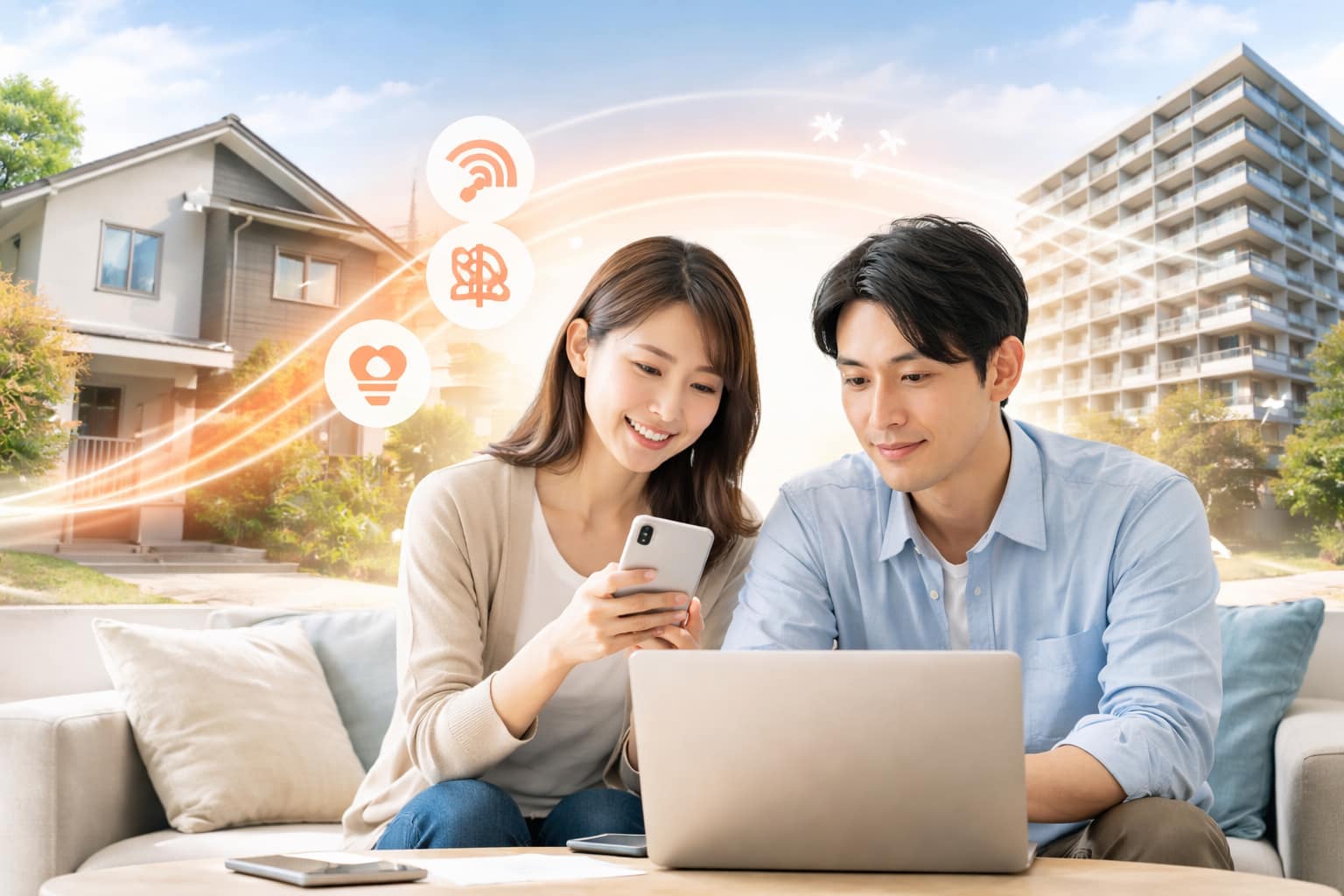 戸建てとマンションを背景に回線を比較する男女