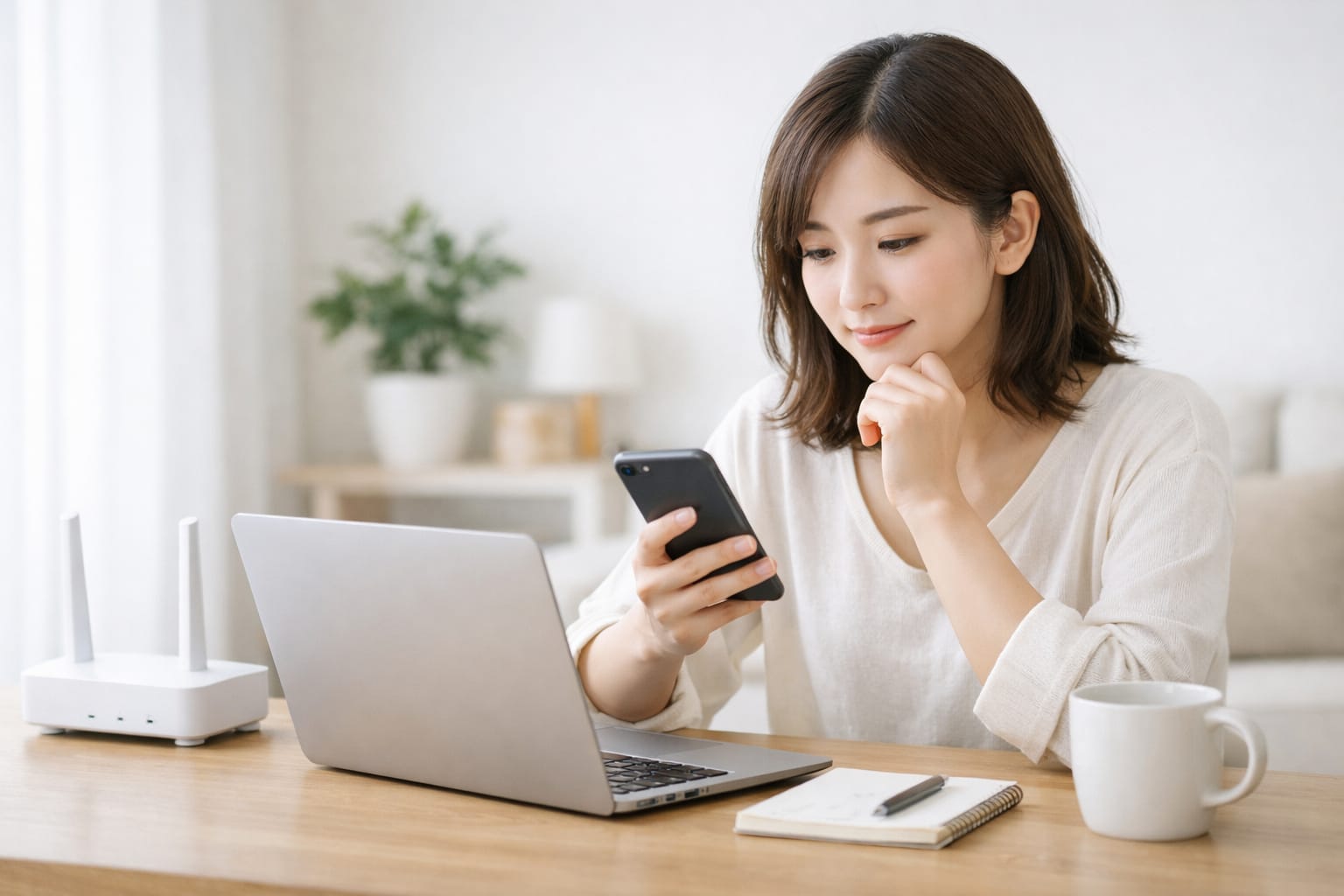 リビングでスマホを確認しながら比較する女性